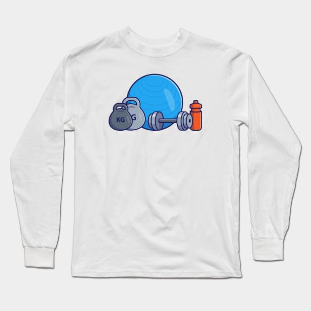 Barbell, Dumbbell, Bottle And Fitness Ball Cartoon Long Sleeve T-Shirt by Catalyst Labs